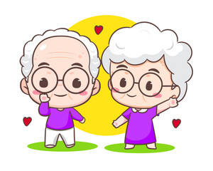 cute couple grandparents. Grandpa and grandma cartoon character. Happy old couple. Chibi vector style. Isolated white background
