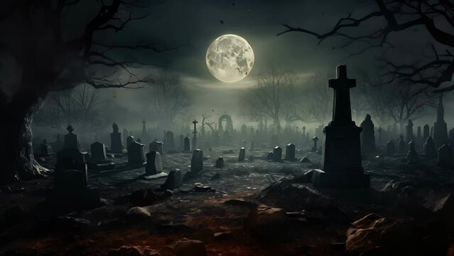 An ancient graveyard shrouded in fog beneath a crescent moon.