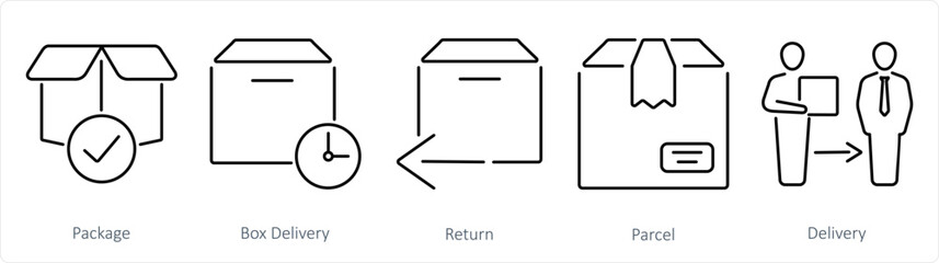 A set of 5 delivery icons as package, box delivery, return