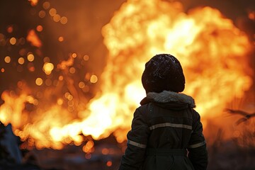 A small child against the background of a nuclear explosion and fire - obrazy, fototapety, plakaty