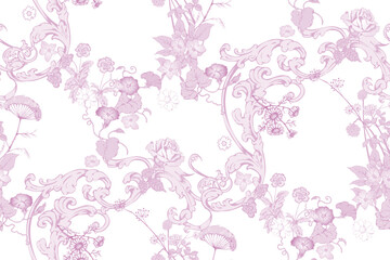 Wildflowers. Seamless abstract pattern. In style Toile de Jou. Suitable for fabric, mural, wrapping paper and the like