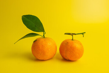 Fresh and ripe oranges on a yellow background. Concept photo.