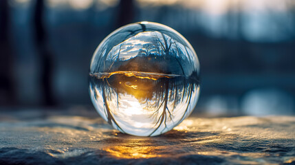 Crystal ball capturing the reflection of a sunset through winter trees.