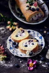 sponge roll with blueberries and cream..style vintage
