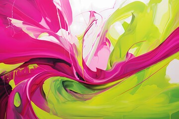 Electric lime and fuchsia brushstrokes collide and intertwine, crafting a vibrant abstract tapestry.