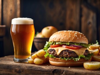 a hamburger buffe that includes french fries, beer, cole slaw.