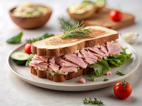 Create a photorealistic image of a tuna sandwich with fresh vegetables on a white background