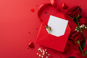 Luxury affection portrayal. Top view stylish envelope, love letter, heart-shaped chocolates, stunning bouquet of roses, gypsophila, confetti on exquisite red background with space for text or advert