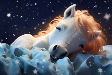 Obraz na płótnie Canvas Baby cute Horse sleeping, with stars on the dreamy background