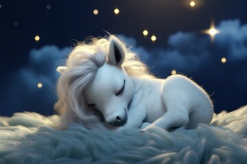 Baby cute Horse sleeping, with stars on the dreamy background