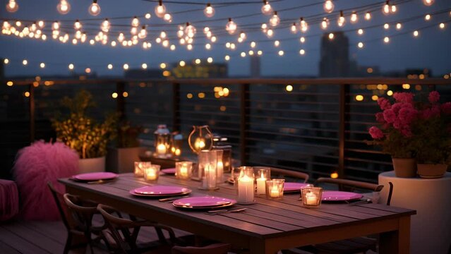 A rooftop terrace with pink string lights hanging overhead, setting a romantic and intimate atmosphere for a dinner under the stars.