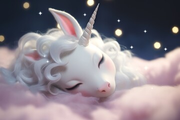 Baby Unicorn sleeping, with stars on the dreamy background