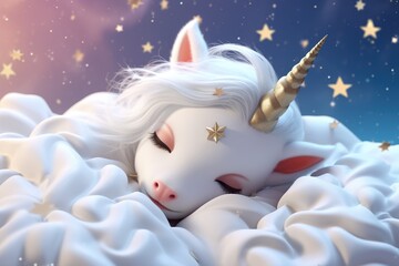 Baby Unicorn sleeping, with stars on the dreamy background