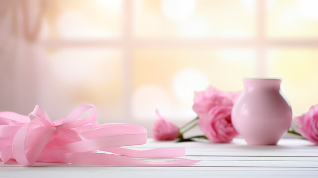 World Cancer Day Pink ribbon on table - Powered by Adobe