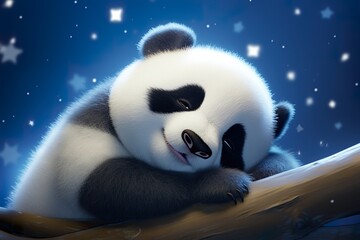 Baby panda sleeping, with stars on the dreamy background