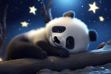 Baby panda sleeping, with stars on the dreamy background