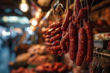 a hanging sausage in a market or butcher shop - obrazy, fototapety, plakaty
