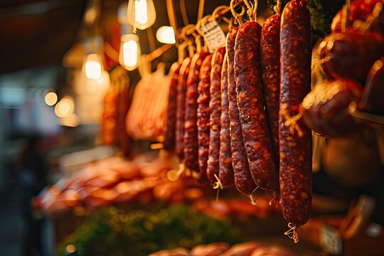 a hanging sausage in a market or butcher shop
