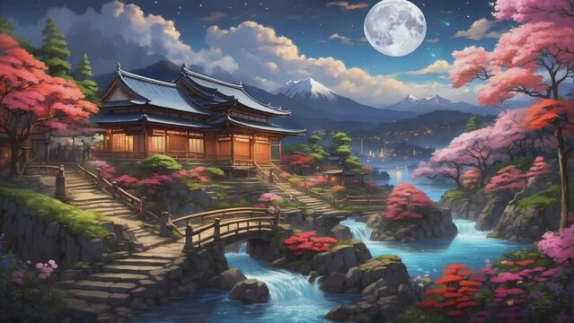 Bright atmosphere landscape of beautiful night sky stunning full moon, snow season, mountains, vast lake, with simple animation in Japanese anime watercolour style. A smooth looping video perfect for 