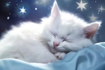 Baby white cat sleeping, with stars on the dreamy background