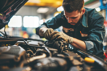 Professional auto mechanic working in auto repair service. Car service and repair - Powered by Adobe