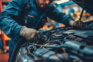 Fototapeta na wymiar Professional auto mechanic working in auto repair service. Car service and repair