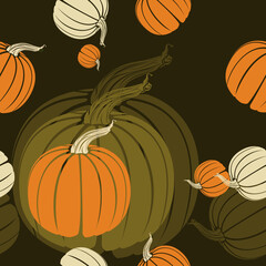 Editable Pumpkins Vector Illustration in Various Positions as Seamless Pattern With Dark Background for Thanksgiving Day Related Design