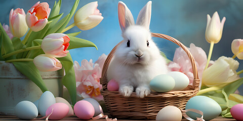 Cute white easter bunny in wicker basket with dyed color eggs and flowers. Happy Easter banner background. AI generated - Powered by Adobe