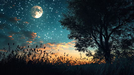 Fototapeta na wymiar Night landscape, in which stars like precious drops of dew on the black fabric of the night