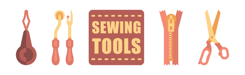 Sewing Tool and Equipment with Ripper, Zipper and Scissors Vector Set