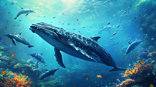 The image of a whale surrounded by a group of dolphins creates a colorful picture of social intera
