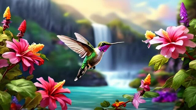 Colorful tropical background with hummingbird and flowers. AI