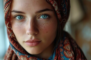 Young Woman with Blue Eyes in a Headscarf.
Serene young woman in a colourful headscarf, gazing at the camera.