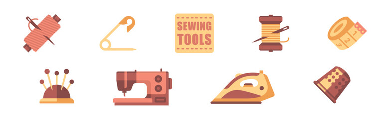 Sewing Tool and Equipment with Pin, Machine, Thimble, Thread, Iron and Measuring Tape Vector Set - obrazy, fototapety, plakaty