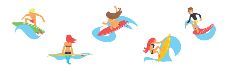 Man and Woman Surfer Character Ride Ocean Wave Vector Set