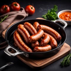 Top view photograph of fried sausages in a frying pan with rosemary and vegetables