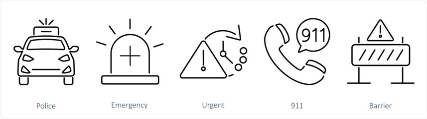 A set of 5 Emergency icons as police, emergency, urgent