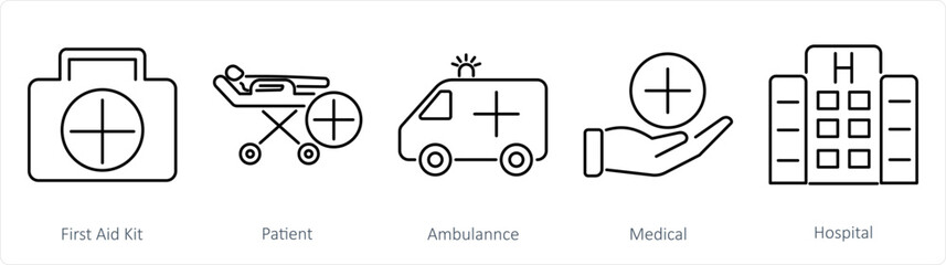 A set of 5 Emergency icons as first aid kit, patient, ambulance © popcornarts