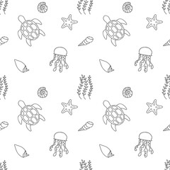 Cartoon sea animals on the seamless pattern. Shells, turtle, jellyfish. Underwater wildlife creatures. Vector illustration.