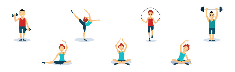 People Character in Gym Engaged in Physical Exercising Vector Set