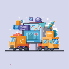 Fototapeta premium 2d vector illustration colorful Land and sea transport techniques, methods and technological tools for transporting and shipping goods and products and logistic 