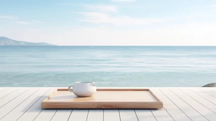 Foto op Plexiglas Wooden tray on a white deck overlooking a tranquil sea with distant islands © maniacvector