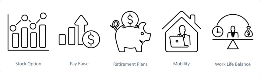 A set of 5 Employee Benefits icons as stock option, pay raise, retirement plans