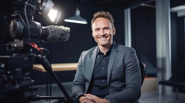 broadcasting studio and interviewing ,happy journalist sitting in a home