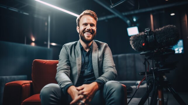 broadcasting studio and interviewing ,happy journalist sitting in a home