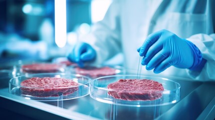 The hands of a scientist in a laboratory setting presents a petri dish nurturing lab-grown meat, 