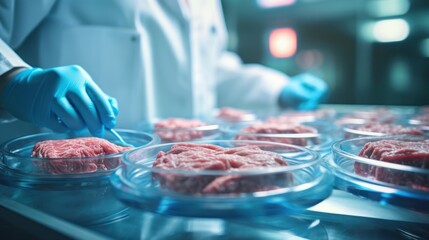 hands of a scientist in a laboratory setting presents a petri dish nurturing lab-grown meat, 