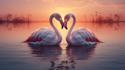Flamingos form a heart shape with their necks in a romantic sunset