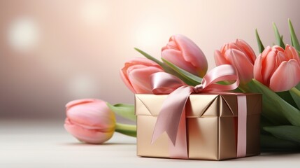 Pink tulips next to a gift box with a silky bow on a wooden surface