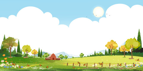 Spring Background with Sky,Cloud,Grass field,Flower on Hill and Forest Tree in Village,Vector Cartoon Summer landscape peaceful rural nature in the park,Panoramic Banner for Easter
